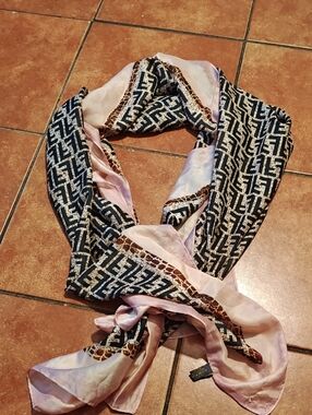 Fendi Pink and Black Printed Silk Scarf with Brown Accent